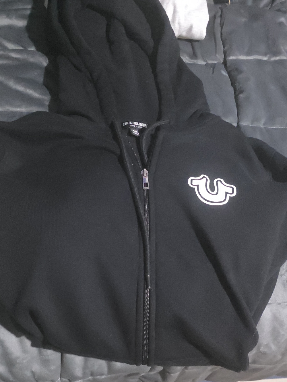 True Religion Mens Black Zip Hoodie with White Logo